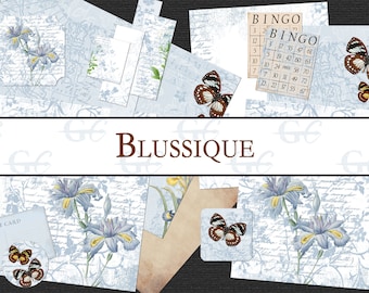 May include: A collection of light blue paper ephemera with floral and butterfly designs. Includes postcards, bingo cards, and various paper cutouts. The word "BLUSSIQUE" is displayed in a brown font.