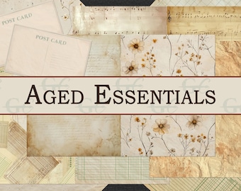 May include: A collage of vintage paper textures, including postcards, sheet music, and floral patterns. The text "Aged Essentials" is displayed across the center in a brown font, suggesting a collection of aged paper ephemera.