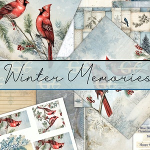 Souvenirs d'hiver : paysages d'hiver, oiseaux, flocons de neige, journaux indésirables, cardinaux, cartes, étiquettes de scrapbooking, papiers de papeterie d'hiver.