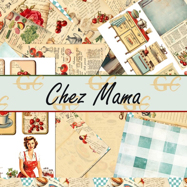 Chez Mama: Cookbook, Vintage Kitchen Ephemera, Digital kit, Recipe Cards, Tags, junk journals, scrapbooking