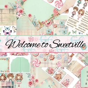 May include: A digital scrapbooking kit with a whimsical candy theme. The kit includes 10 8.5x11 pages, 11 backgrounds, 13 journal pages, and 8 ephemera pages. The kit features a variety of colors, including pink, blue, and green. The kit also includes a variety of images, including candy, butterflies, and flowers.