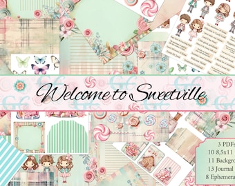 May include: A digital scrapbooking kit with a whimsical candy theme. The kit includes 10 8.5x11 pages, 11 backgrounds, 13 journal pages, and 8 ephemera pages. The kit features a variety of colors, including pink, blue, and green. The kit also includes a variety of images, including candy, butterflies, and flowers.