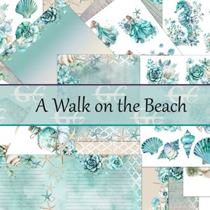 una passeggiata sulla spiaggia: oceano, mare, cavalluccio marino, stelle marine, conchiglie, Memorydex e carte stampabili combinate di Junk Journal, Scrapbook, Stationery