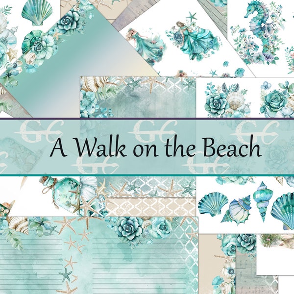 a Walk on the Beach : ocean, sea, seahorse, starfish, shells, Memorydex and combined Junk Journal, Scrapbook, Stationery printable papers