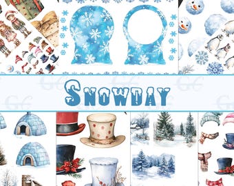 May include: A digital paper pack with illustrations of snowmen, snow globes, igloos, winter hats, and trees. The paper pack is titled "SNOWDAY".