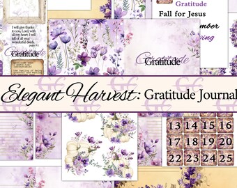 May include: A collection of digital scrapbook elements with a purple and cream color scheme. The design includes floral patterns, pumpkins, and the word "Gratitude". The text "Elegant Harvest: Gratitude Journal" is also visible.
