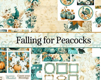 May include: Digital collage sheet featuring a peacock, pumpkins, and floral designs in shades of teal, gold, and white. The text "Falling for Peacocks" is displayed at the top of the sheet.