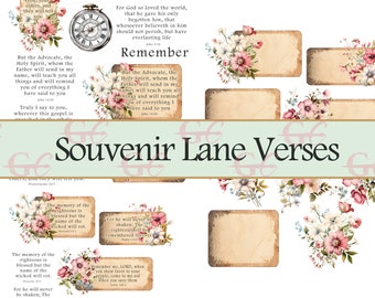May include: A collection of vintage-style cards with floral accents and bible verses. The cards feature a light brown background with a distressed texture and are decorated with pink, white, and blue flowers. The text on the cards includes verses from the Bible, such as "For God so loved the world, that he gave his only begotten Son, that whosoever believeth in him should not perish, but have everlasting life." and "Truly I say to you, wherever this gospel is preached in the whole world, it will be a testimony to them."