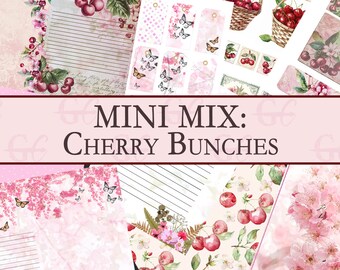 May include: A digital paper pack with a pink and white color scheme featuring cherry bunches, butterflies, and floral designs. The text "MINI MIX: CHERRY BUNCHES" is displayed on a pink banner.