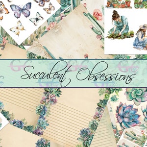 Succulentes obsessions : ensemble de carnets de voyage sur le thème des plantes succulentes et des cactus, albums de coupures, articles de papeterie, avec objets éphémères assortis.