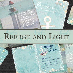 Refúgio e Luz: Kit para impressão de diário bíblico, farol, oceano, torre forte, etiquetas, abas, cartões de registro no diário, sonho do mar,