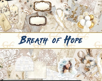 Breath of Hope: White, floral  peacocks,Lung Cancer Awareness inspired Printable Crafting set for Junk journals and scrapbooking.