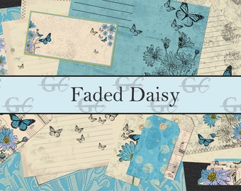 May include: A digital paper pack with a blue and white color scheme featuring daisies, butterflies, and the text "Faded Daisy".
