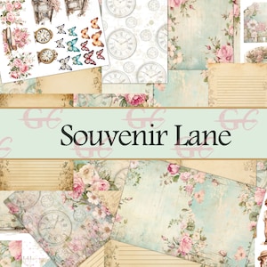 Op de afbeelding: Een digitale collage-sheet met een vintage esthetiek met bloemmotieven, klokken, vlinders en kinderen. De sheet is getiteld "Souvenir Lane".