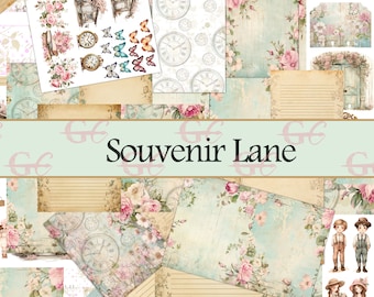 May include: A digital collage sheet with a vintage aesthetic featuring floral patterns, clocks, butterflies, and children. The sheet is titled "Souvenir Lane".