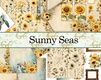 May include: Digital paper pack with a vintage aesthetic featuring sunflowers, seashells, and turtles. The papers are in shades of yellow, blue, and brown. The text "Sunny Seas" is displayed on a banner.