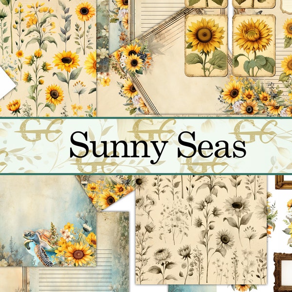 Sunny Seas : Printable Sunflower, Sea Turtle Crafting Set for Junk Journals, Scrapbooks, Stationery Paper,