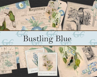 May include: A digital collage sheet with a blue and green color scheme featuring hummingbirds, flowers, and text that reads "Bustling Blue".