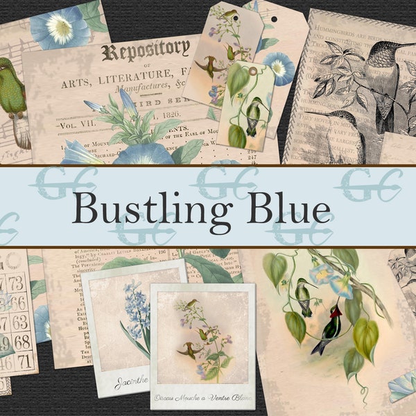 Bustling Blue:  Printable Crafting Set for Junk Journals, Scrapbooks, Stationery, humming birds, vintage florals