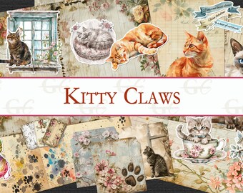 May include: A digital collage sheet with a vintage aesthetic featuring various images of cats, including a tabby cat sitting in a window, a ginger cat sleeping, a Siamese cat, and a kitten in a teacup. The collage also includes floral patterns, yarn balls, and a birdhouse. The text "Kitty Claws" is displayed in a banner at the top of the collage.