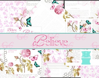 May include: A digital collage featuring a pink and white floral pattern with butterflies and the word "Believe" in a pink script font. The collage includes text from a book, a honeycomb pattern, and a floral design with a rose.