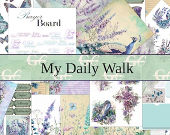 My Daily Walk Prayer Board kit:  Lavender and Peacocks Printable Crafting Set for Junk Journals, Scrapbooks, Stationery, Prayer Journal