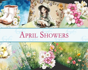 May include: A digital collage sheet with a spring theme. The sheet features a girl in a green dress, a pair of rain boots, a duckling, and several bouquets of flowers. The text "APRIL SHOWERS" is written across the middle of the sheet.