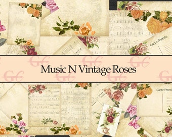 Music N Vintage Roses : Printable Crafting Set for Junk Journals, Scrapbooks, Stationery