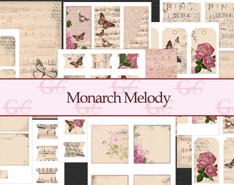 Monarch Melody: Vintage Style Printable Crafting Set for Junk Journals, Scrapbooks, Stationery, Tags,Tabs, Cards, Bingo Cards, Postcards