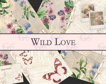 May include: A collage of vintage-style paper ephemera with floral and butterfly illustrations. The design includes postcards, tags, and patterned paper with the text "Wild Love". The color palette features soft pinks, purples, and greens.