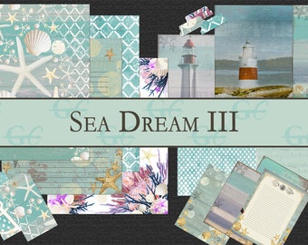 May include: A digital paper pack with a nautical theme. The pack includes various designs featuring seashells, starfish, lighthouses, and ocean waves. The title "SEA DREAM III" is displayed on a blue banner.