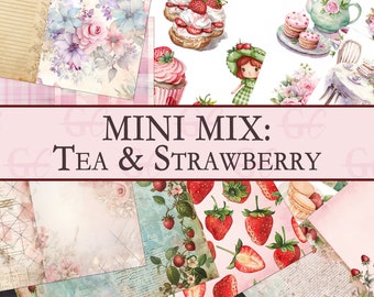 May include: A digital paper pack with a tea and strawberry theme. The pack includes images of teacups, teapots, strawberries, flowers, and other vintage-inspired designs.