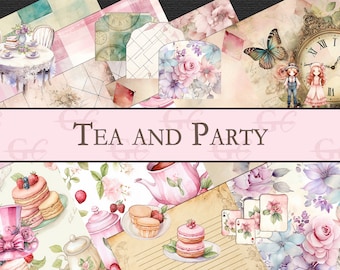 Tea and Party: Cakes, Sweets, Tea set, pretty hats  themed printable for Scrapbooks, Stationery, Junk Journal, wonderland, Memorydex Cards,