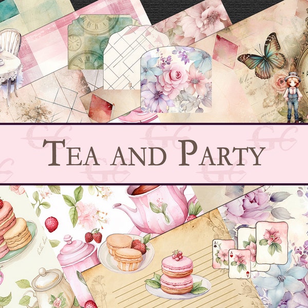 Tea and Party: Cakes, Sweets, Tea set, pretty hats  themed printable for Scrapbooks, Stationery, Junk Journal, wonderland, Memorydex Cards,