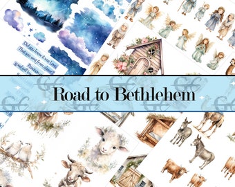 May include: A collection of watercolor illustrations featuring a nativity scene, animals, and angels. The illustrations are on white paper with a blue banner that reads "Road to Bethlehem".