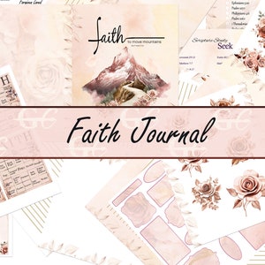 May include: A collage of images for a faith journal with a pink and white colour scheme. The images include a mountain range, roses, butterflies, and the text "Faith to move mountains" and "Scripture Study Seek".