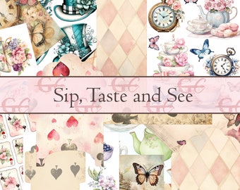 Sip, Taste and See : Cakes, Sweets, Tea set, pretty hats, Cups themed printable for Scrapbooks,Junk Journal, wonderland, Bible  Journaling,