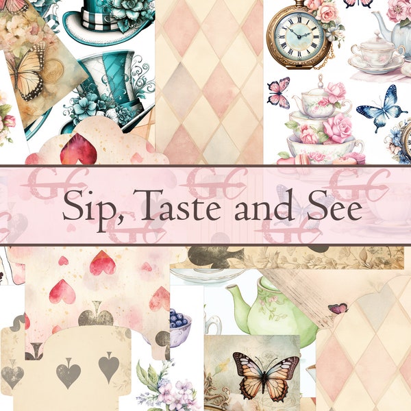 Sip, Taste and See : Cakes, Sweets, Tea set, pretty hats, Cups themed printable for Scrapbooks,Junk Journal, wonderland, Bible  Journaling,