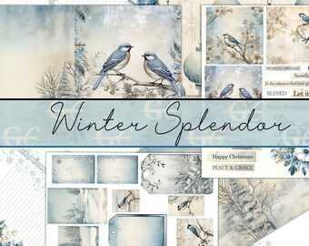 May include: A digital collage sheet featuring winter-themed images, including bluebirds, snow-covered trees, and a snowy landscape. The sheet also includes text such as "Winter Splendor", "Frosted Dreams", "Calm Snowflakes Forever", "Blessed", and "Let it Snow".