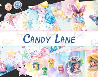 May include: A collection of digital papers featuring a whimsical candy theme. The papers include images of lollipops, butterflies, stars, and cute cartoon characters. The text "Candy Lane" is featured on one of the papers.