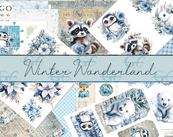 May include: A collage of winter-themed illustrations and patterns. The design features watercolor images of animals like raccoons, owls, and polar bears, along with floral arrangements in shades of blue and white. The text "Winter Wonderland" is displayed.