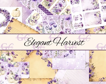 Elegant Harvest: Fall Journal Set , White Pumpkin, Purple Wild Flowers, Autumn Leaves, Papercraft Printable, Junk Journal, Ephemera, Cards