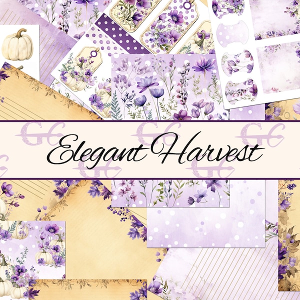 Elegant Harvest: Fall Journal Set , White Pumpkin, Purple Wild Flowers, Autumn Leaves, Papercraft Printable, Junk Journal, Ephemera, Cards