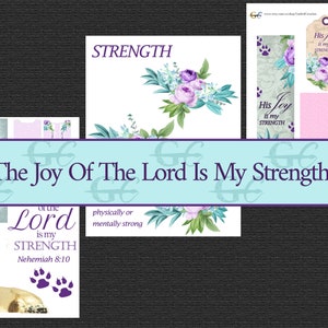 May include: A collection of inspirational art prints and tags. The designs feature floral arrangements in shades of purple, blue, and green, with the words "Strength" and "His Joy is my Strength." A lion illustration and paw prints are also included.
