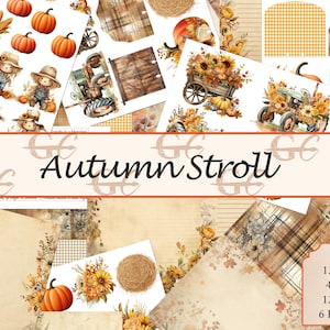 Herfstwandeling: afdrukbaar herfstthema voor plakboeken, briefpapier, junkjournal, vrachtwagens, bladeren, bloemen, pompoenen, Memorydex-kaarten, wagons