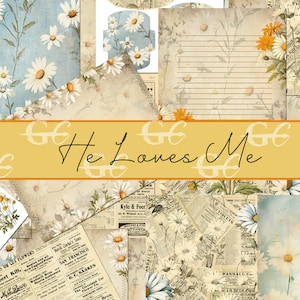 He Loves Me: Daisy themed Printable Crafting Set for Junk Journals, Scrapbooks, Stationery, with coordinating ephemera. image 1