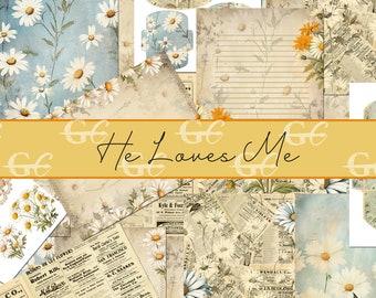 May include: A collage of stationery items with a vintage aesthetic. The design features daisies, floral patterns, and aged paper textures. The text "He Loves Me" is displayed on a yellow banner. Includes envelopes, lined paper, and decorative elements.