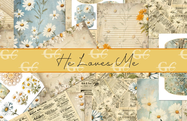 He Loves Me: Daisy themed Printable Crafting Set for Junk Journals, Scrapbooks, Stationery, with coordinating ephemera. image 1