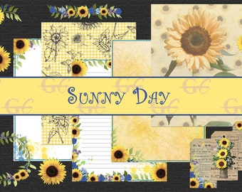 May include: A digital collage of printable papers featuring sunflowers, gingham patterns, and a yellow background. The title "Sunny Day" is displayed in blue text.