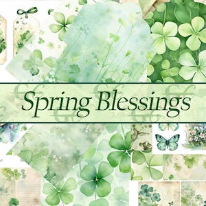 May include: A digital collage sheet with a spring theme featuring green four-leaf clovers, butterflies, and the text "Spring Blessings".
